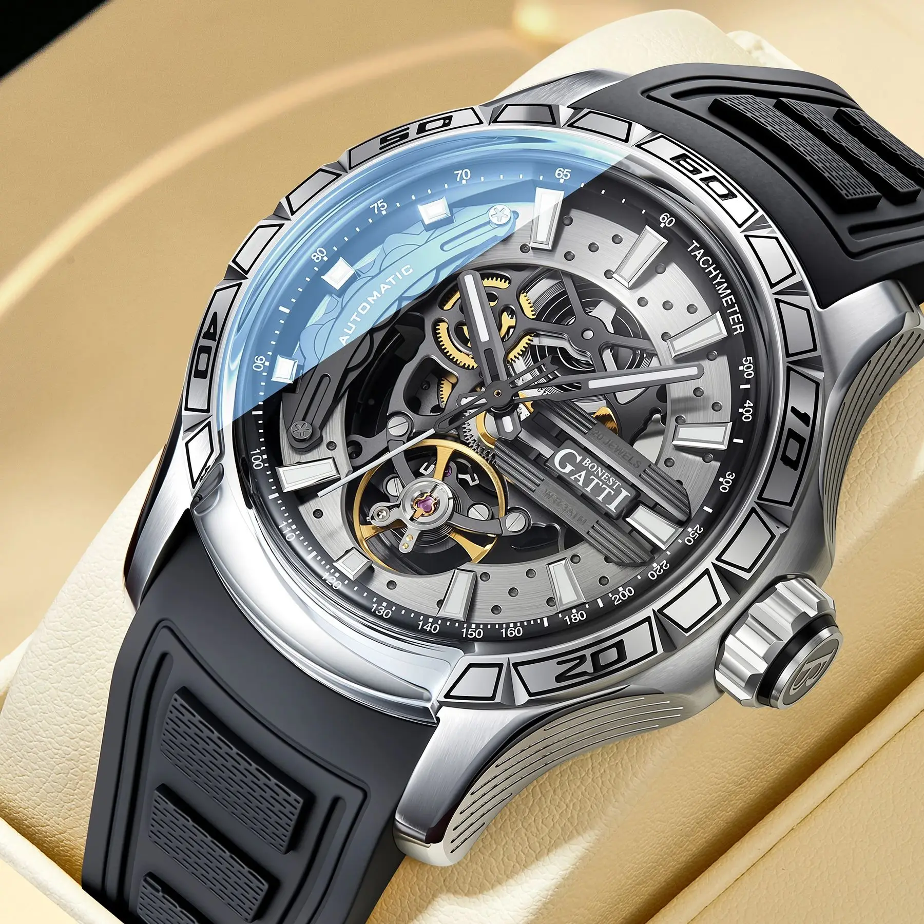 

BONEST GATTI Мужские автоматические часы 44 мм Механические наручные часы с сапфировым стеклом Светящийся скелет Гоночный штангенциркуль