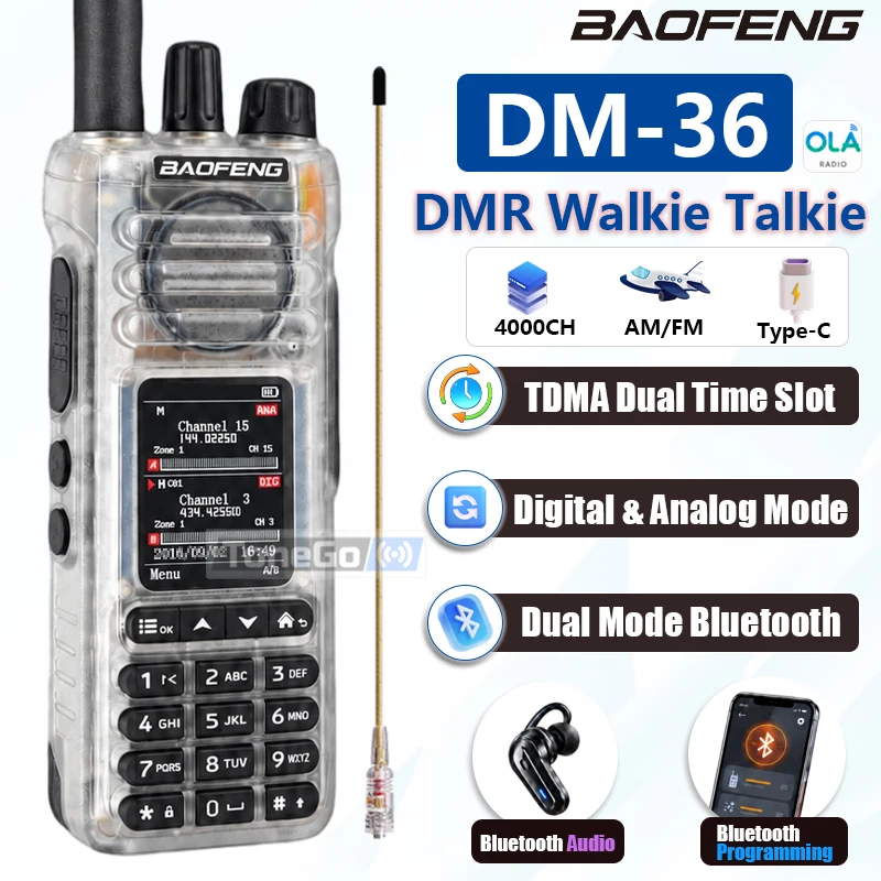 Baofeng DM-36 DMR Digital Walkie Talkie Analog with PTT Ring Bluetooth Audio Programming Dual Time Slot 4000CH AES256 NOAA USB-C