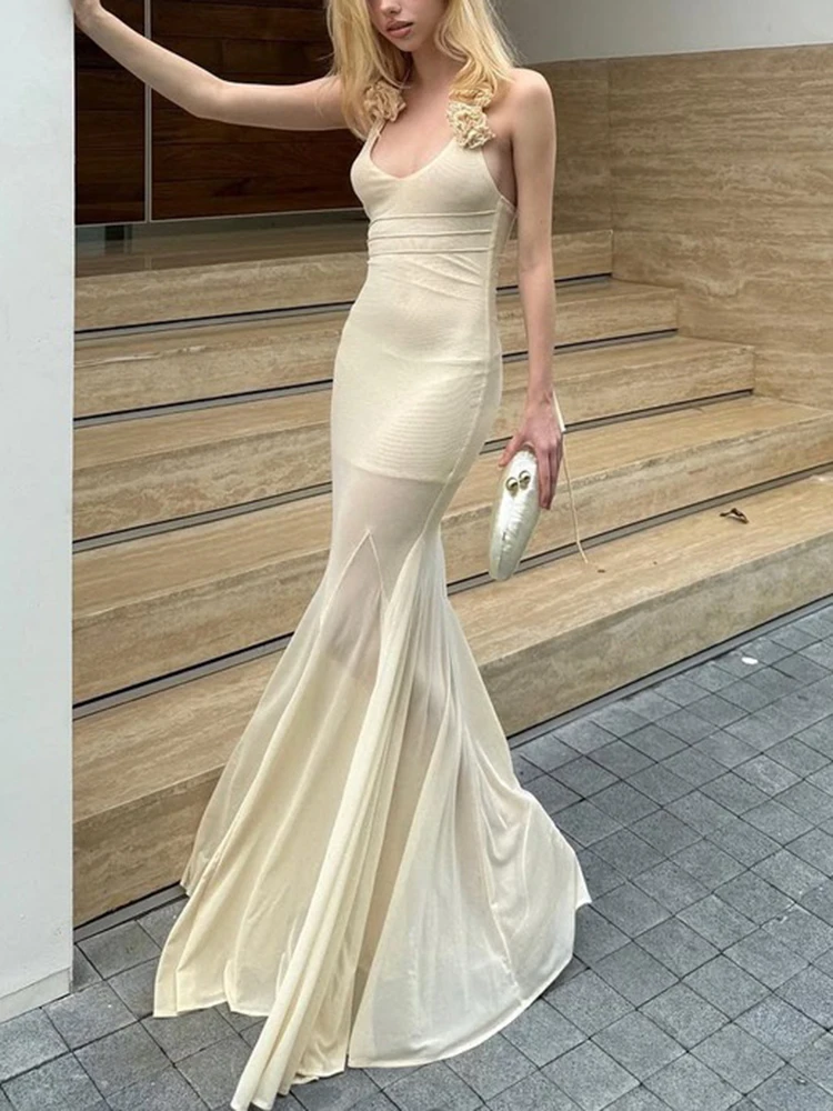 Verão novo feminino dupla camada de malha retalhos com decote em v amarrado vestido halter, elástico e emagrecimento vestido longo