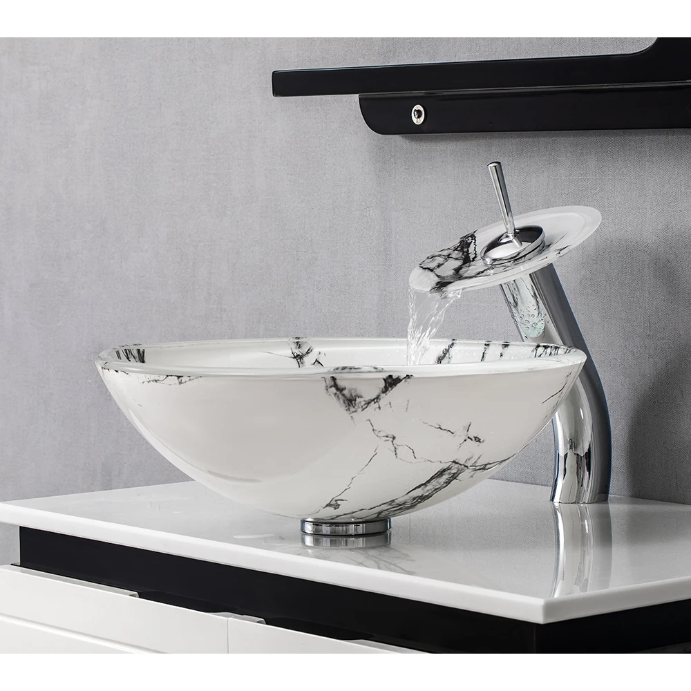j* Super White Tempered Glass Hand Painted Marble Pattern Bathroom Sink Standard Sizes Round Wash Basin Countertop Basin Vanity