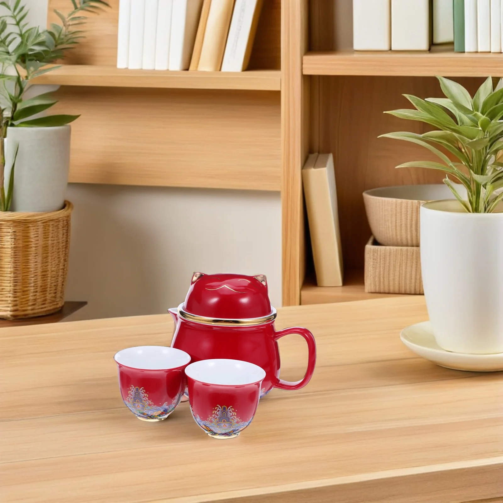 

1Set Lucky Cat Porcelain Gongfu Tea Set Ceramic Teapot with 2 Cups Portable Travel Office Tea Kit Ceramic Teapot Set