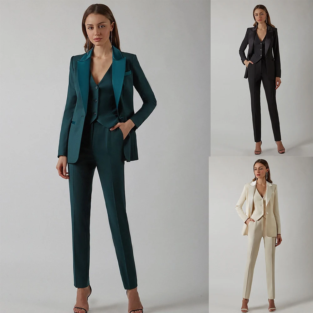 Designer 3 Pcs Vrouwen Suits Pant Set Blazer + Vest + Broek Satijn Revers Prom Jurk Kantoor Formele Party gown Custom Made