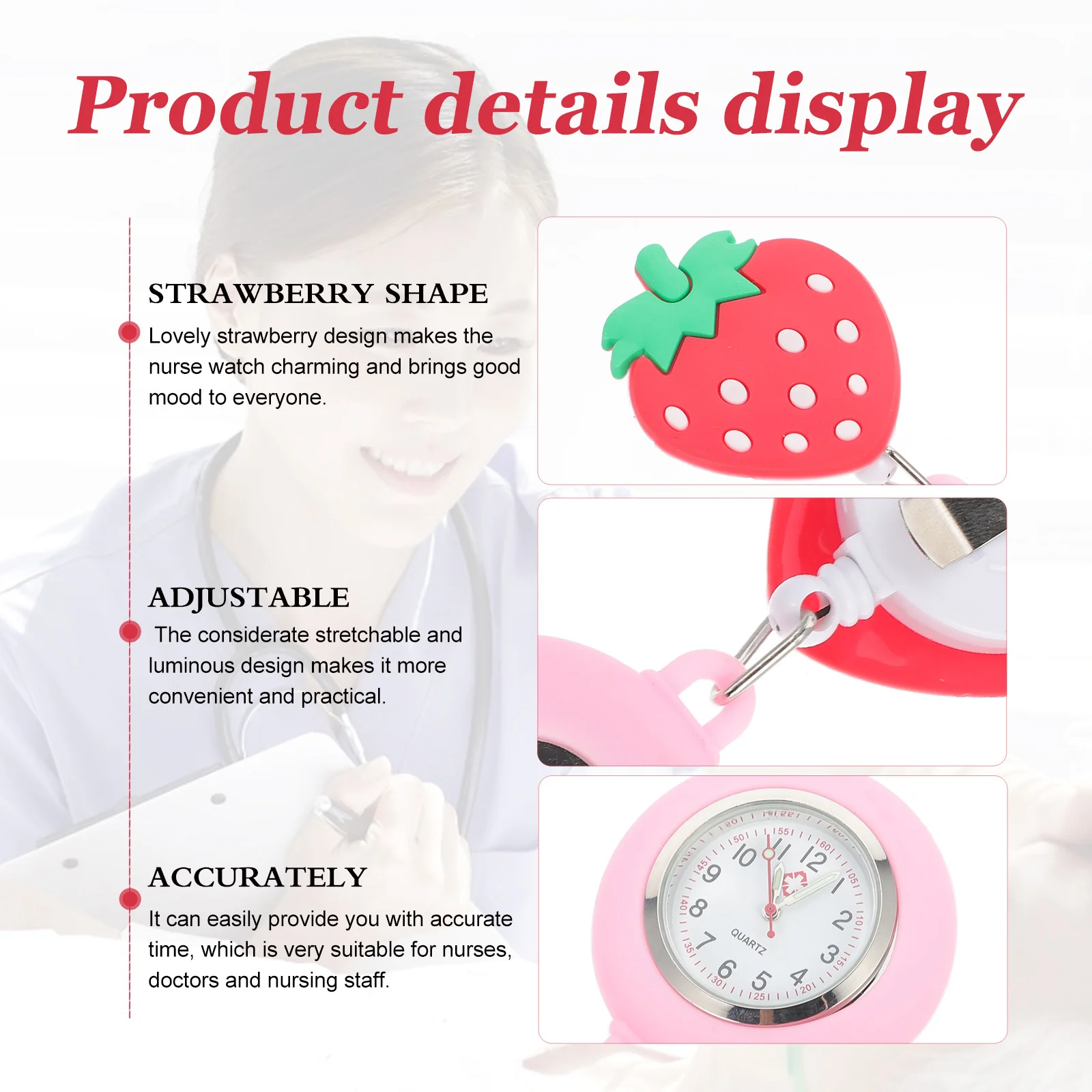

1Pcs Strawberry Pocket Watch Nurse Chest Watch Creative Stretchable Design Clip-on Style for Medical Staff Large Dial Timepiece