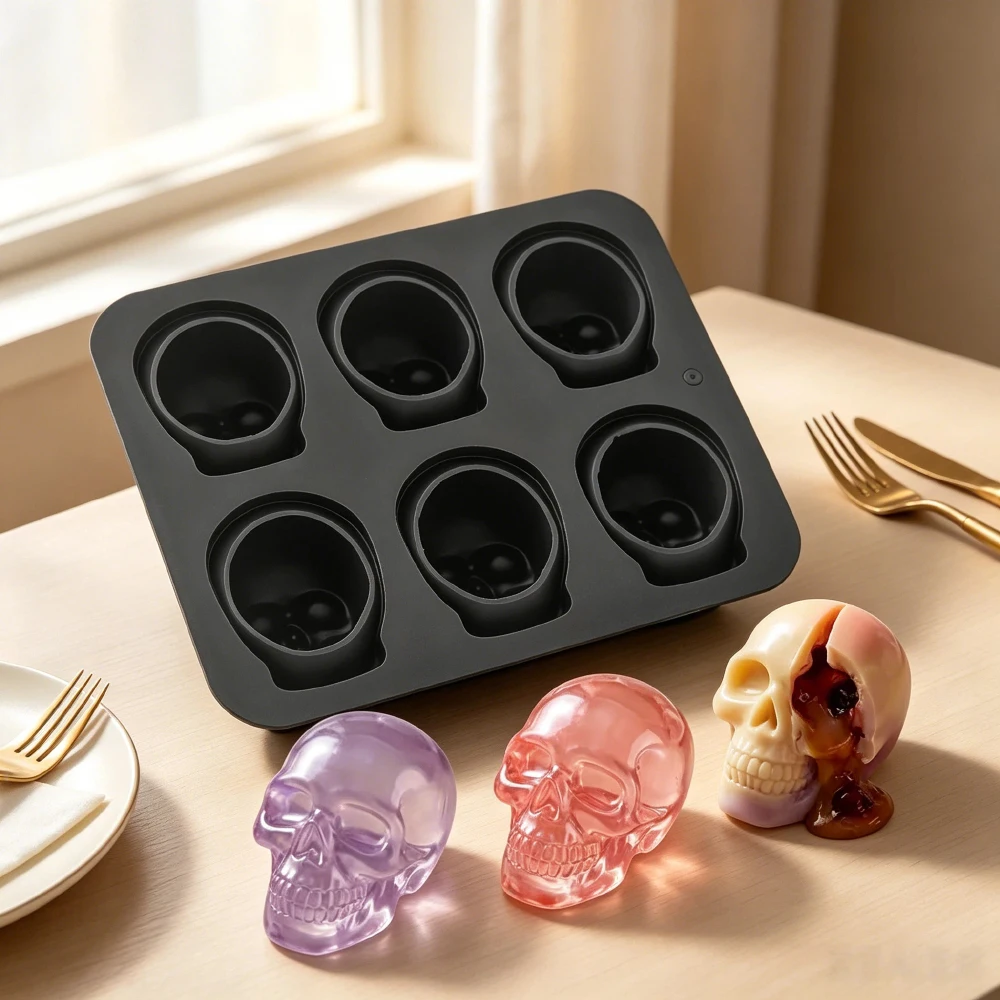 6-Part Skull Silicone Mold for Mousse Cake Halloween Chocolate Pudding Dessert Ice Cube Tray Skeleton Head Cooking Baking Tool view 6