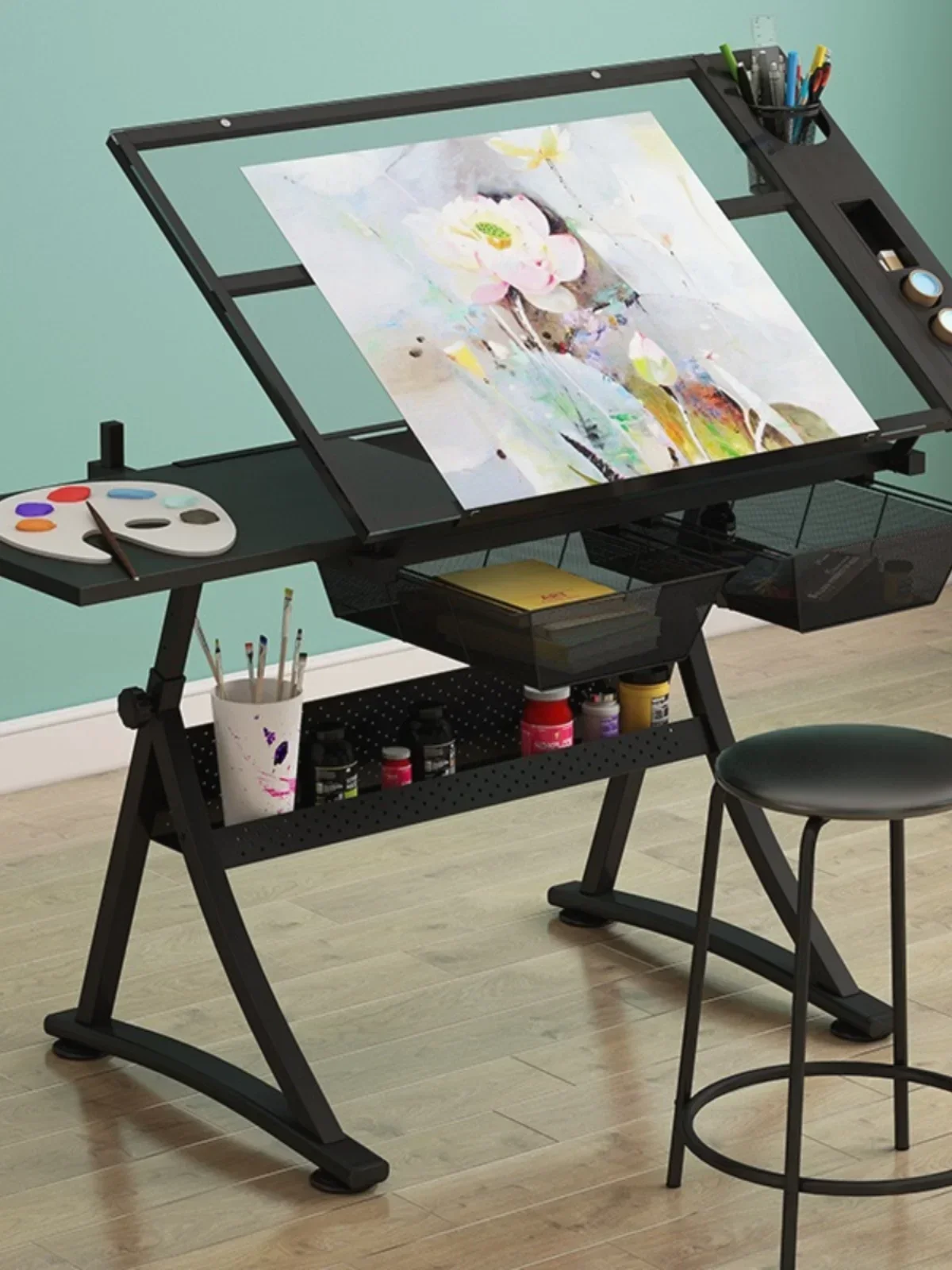 Glass, Liftable, Adjustable Angle, Painted Desk, Oil Painting, Drawing Design, Architect's Workbench