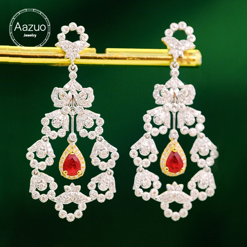 

Aazuo High Quality 18k Pure Gold Natural Ruby Real Diamonds Luxury Drop Earrings Gifted For Women Engagement Wedding Party