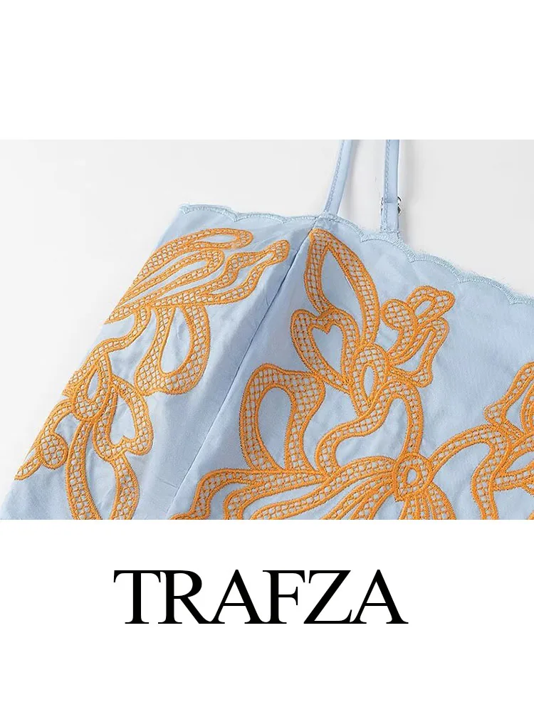 TRAFZA Summer Fashion Women Skirt Suits Embroidery Square Collar Sleeveless Tops+High Waist Slit Zipper Split Hem Long Skirts