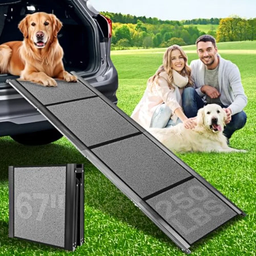 

Dog Ramps for Large Pets: 67 L × 17 W extra wide foldable aluminum ramp with waterproof non-slip rug surface, black, supports u