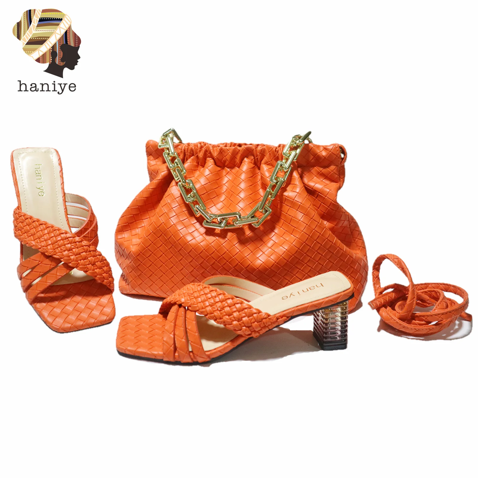 Women's Heeled Sandals Matching Chain Bag Braided Square Open Toe Chunky Heels With Handbag Shoes And Bag Set