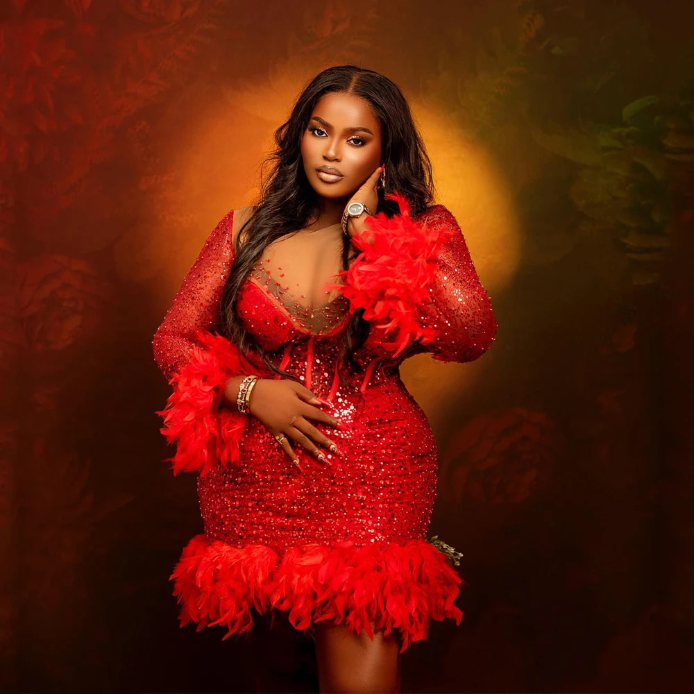 

Luxury Sequin Mini Red Cocktail Dresses Feature O-Neck Full Sleeve Straight Above Knee Luxury Special Occasion Dress Customized