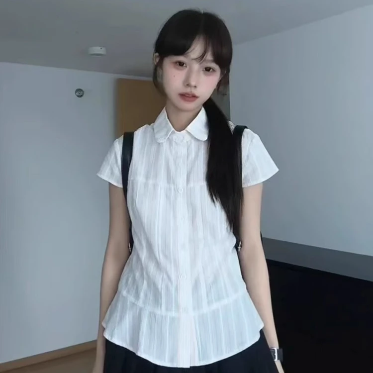 Y2k Aesthetic Sweet Turn Down Collar Women Blouse Vintage Single Breasted Blusas Preppy Style Fairy Summer Bodycon Grunge Tops