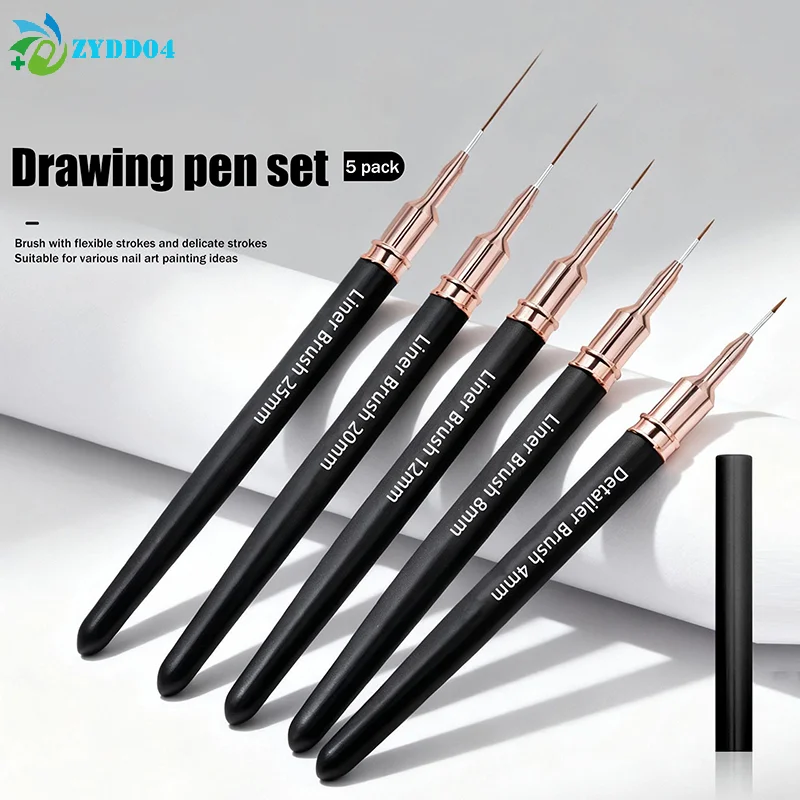 ●5PCS Nail Art Liner Brushes Sizes Painting Nail Design Pen 4/8/12/20/25mm Drawing Tool For Long Lines Thin Details Manicure Pen