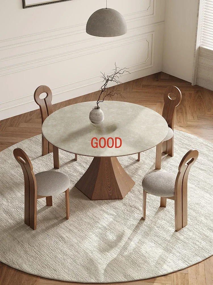 Nordic Solid Wood round Table Household Restaurant Dining Table with Turntable Walnut Retro Chic Simple Modern