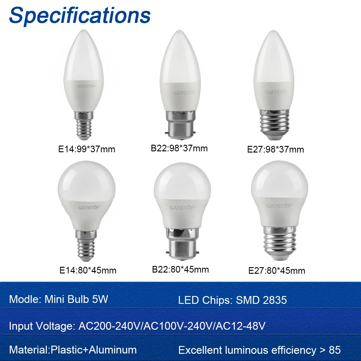 Energy-efficient LED G45 bulbs  C37 E14 E27 5W AC230V AC110V AC12V 3000K/4000K/6000K Golf Bulb Lamp For Home Decoration