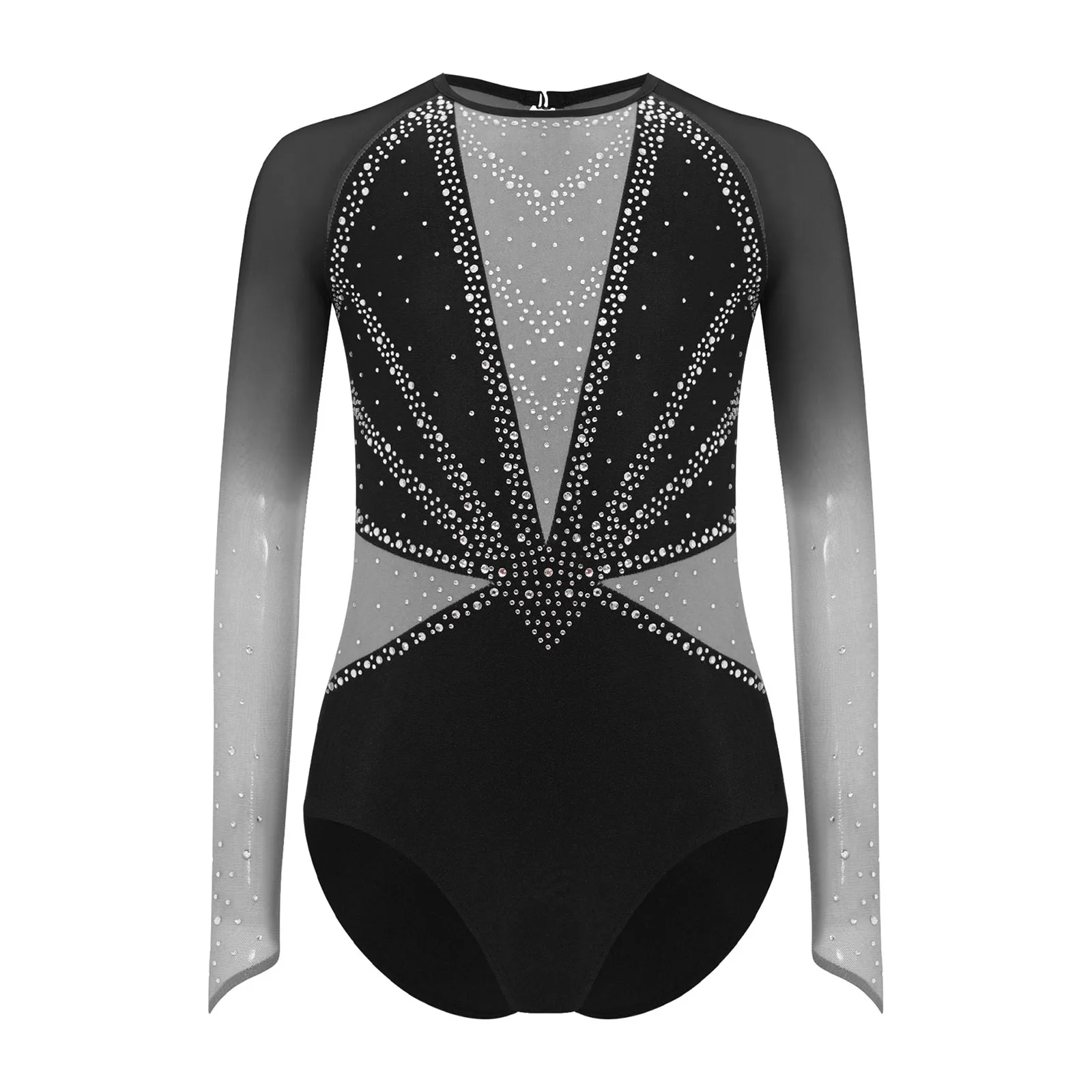 Dziewczęcy strój gimnastyczny z długim rękawem, przezroczysta siateczka, błyszczące cyrkonie, do łyżwiarstwa figurowego, baletu, akrobatyki, występów.