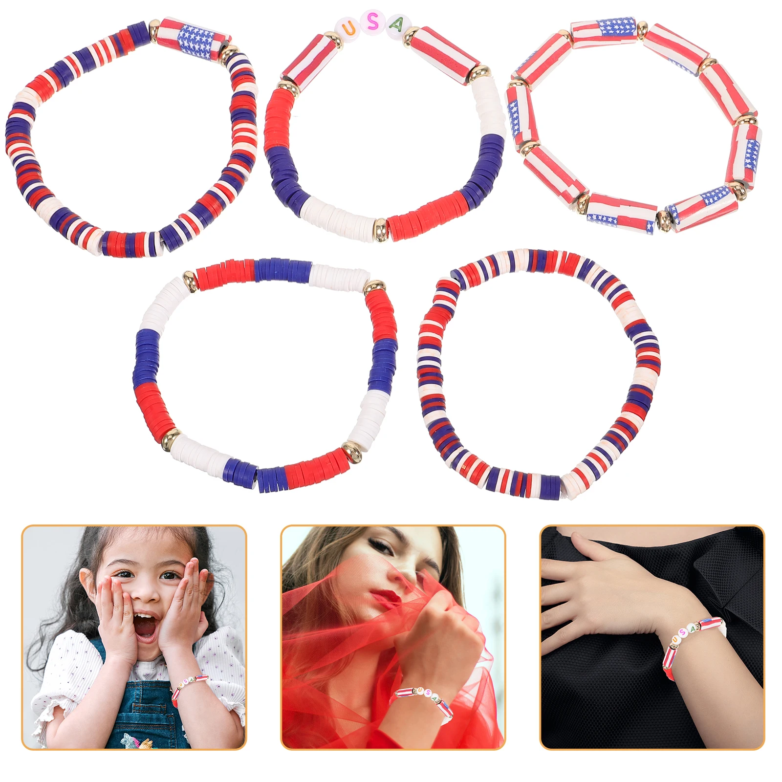 5 Buah Gelang Bendera Set Manik Merah Putih Biru Gelang Perhiasan Dapat Ditumpuk Elastis Pesta Hari Kemerdekaan Wanita untuk Hadiah Wanita