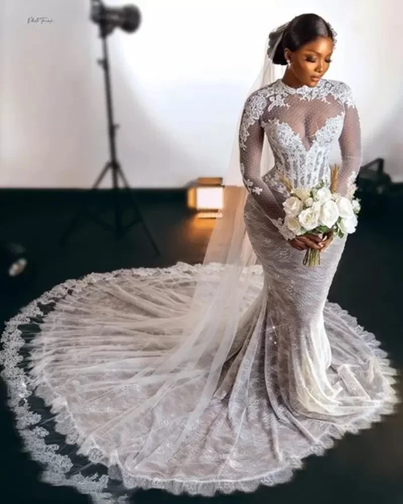 맞춤형 긴 소매 인어 웨딩 드레스 풀 아플리케 맞춤 제작 빈티지 레이스업 코르셋 아프리카 아소 에비 신부 드레스