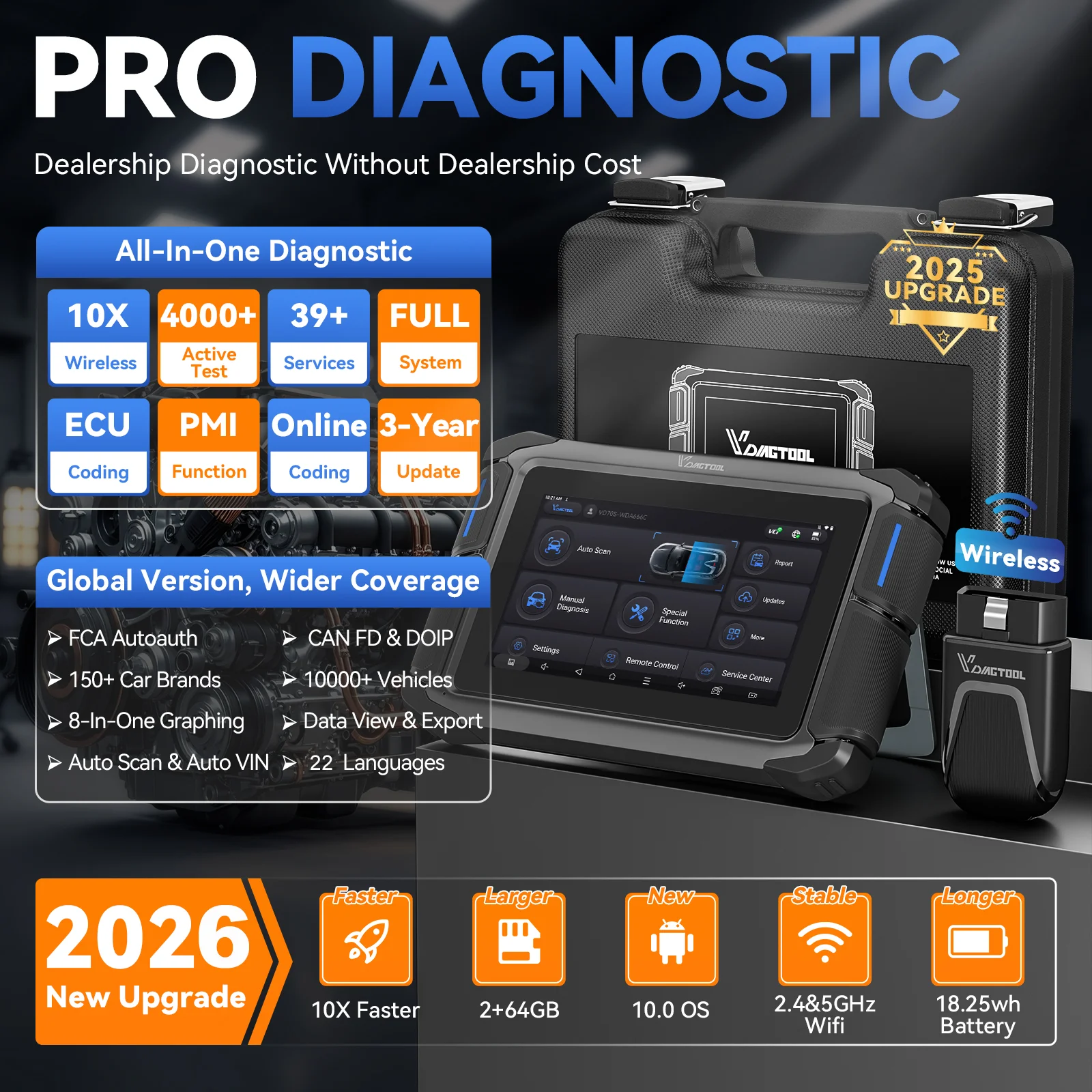VDIAGTOOL VD70S Automotive Diagnostic Tool Bi-directional OBD2 Scanner ECU Coding Key Programming 39 Reset FCA CANFD DOIP