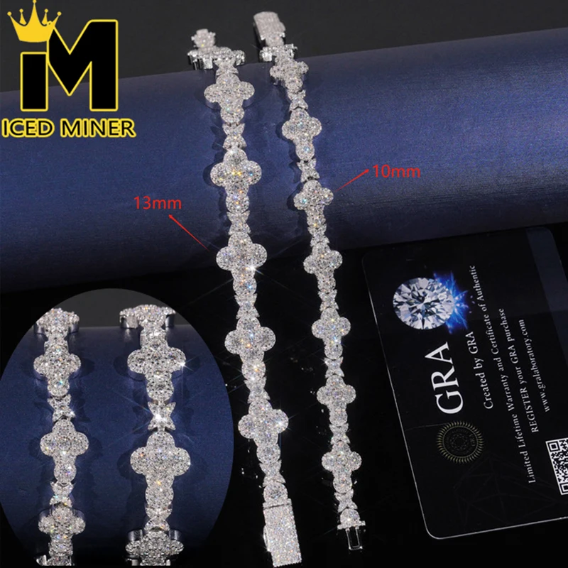 10/13mm Moissanite Clover Bracelet S925 Silver Iced Out For Men Women Hip Hop Jewelry Pass Diamonds Tester With GRA Free Shippin