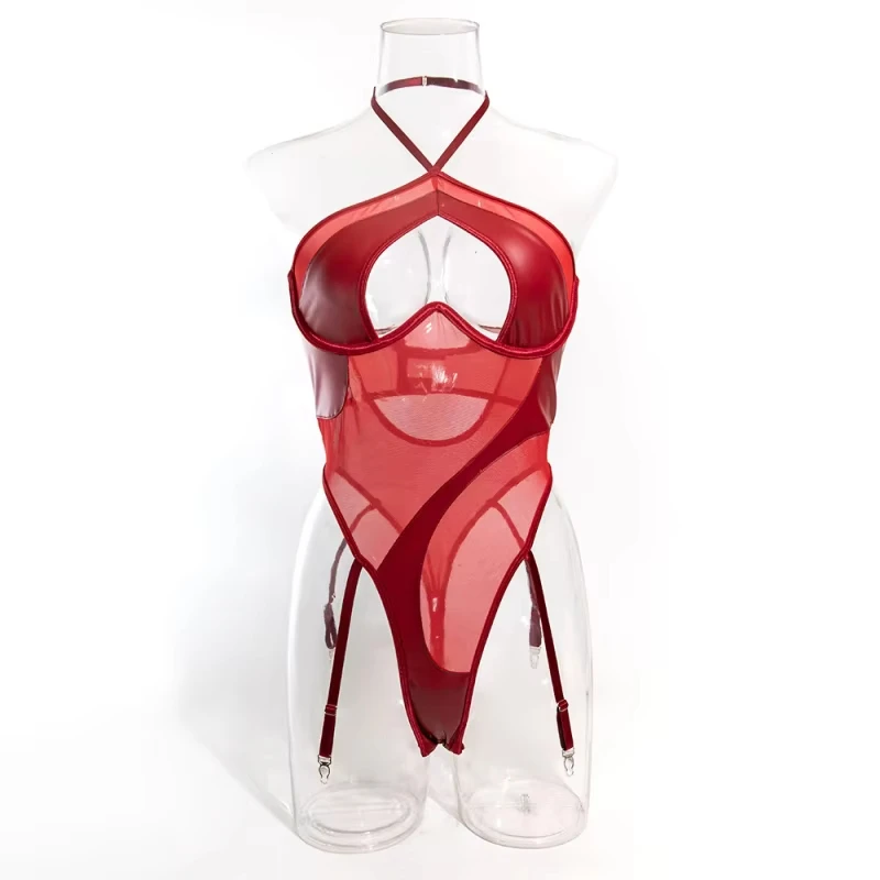 

Bikini meshPULeather-paneled see-through new halter-neck seductive swimsuit one-piece