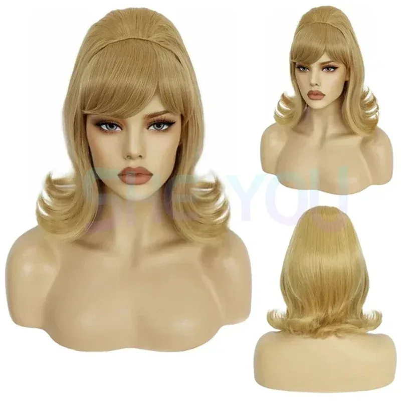 Synthetic hair short 70s pinup pelucas 60s black retro beehive flip wigs for women wig cap