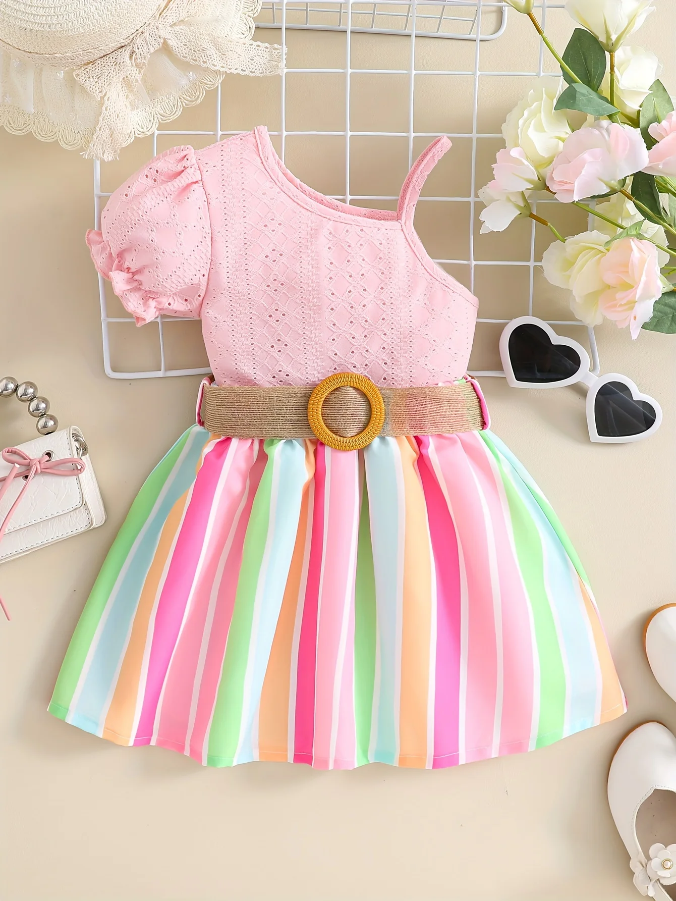 

3 Pcs Girls' Summer Fashion Sweet Irregular Halter Pink Lantern Sleeve Short Top + Colorful Striped Skirt + Belt Three-Piece Set