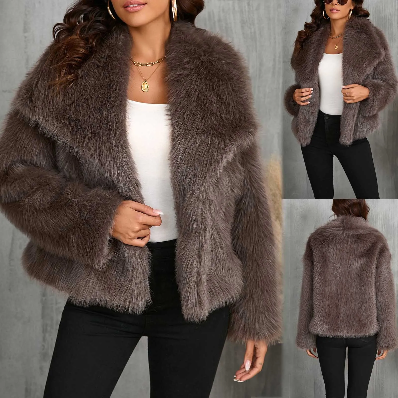 Women Fashion Faux Fur Jacket Vintage Turn-down Collar Long Sleeve Coat Autumn Winter Woman Elegant Streetwear