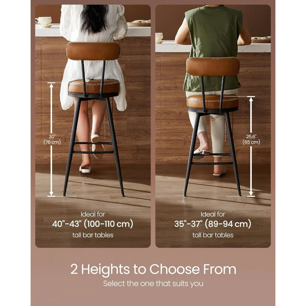 Bar Stools Set of 2, Counter Height Swivel Bar Stools with Back, Synthetic Leather with Stitching，25.6-Inch