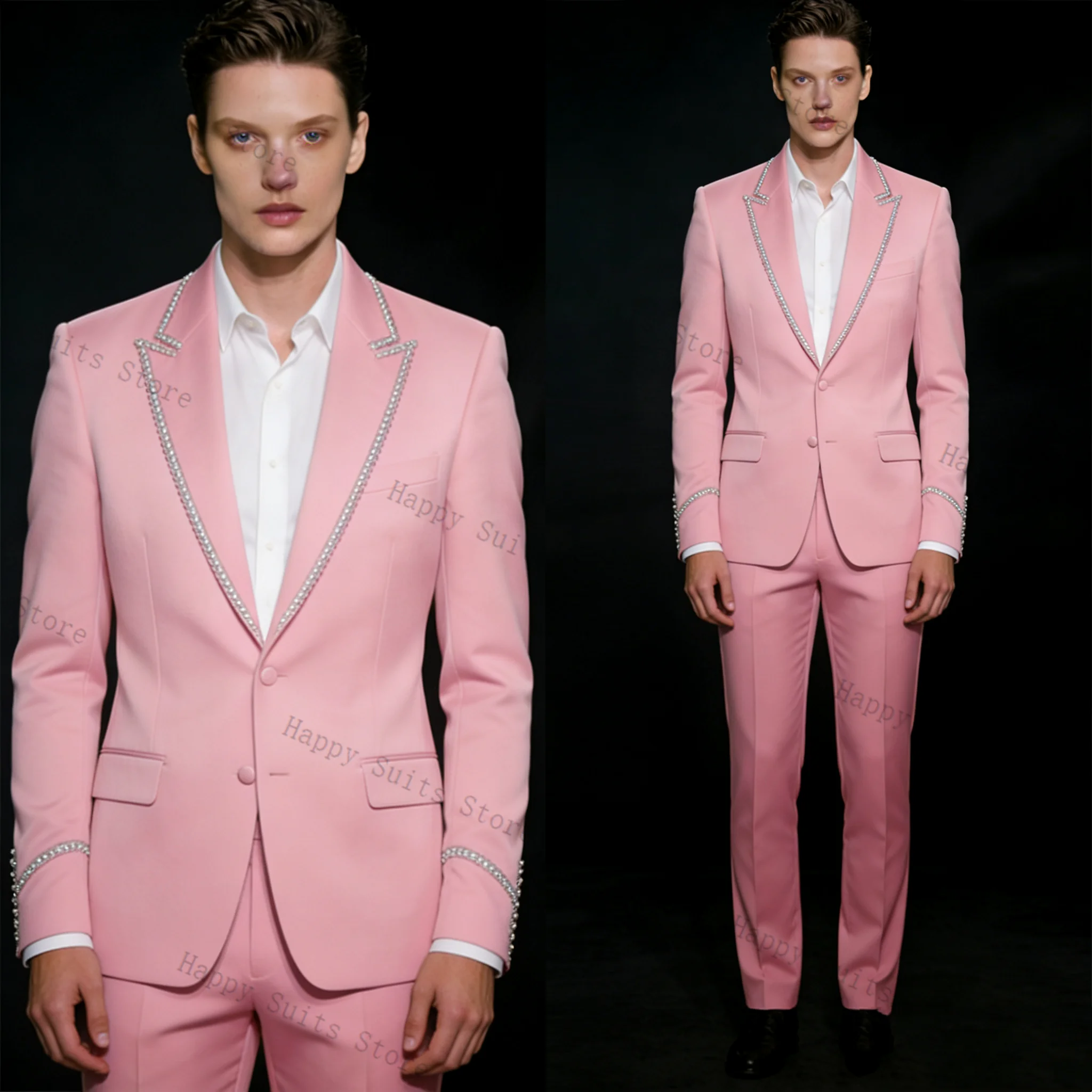 

Pink Shiny Men Suit Set 2 Pcs Groom Blazer+Pants Trousers Luxury Formal Office Coat Wedding Tuxedo Customized Jacket Outfit