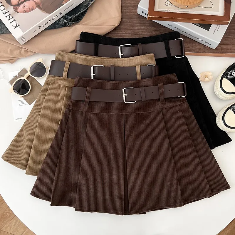 Retro All-Match Corduroy High Waist Slimming Skirt Anti-exposure Short dress A- line Pleated Skirt Pettiskirt Women