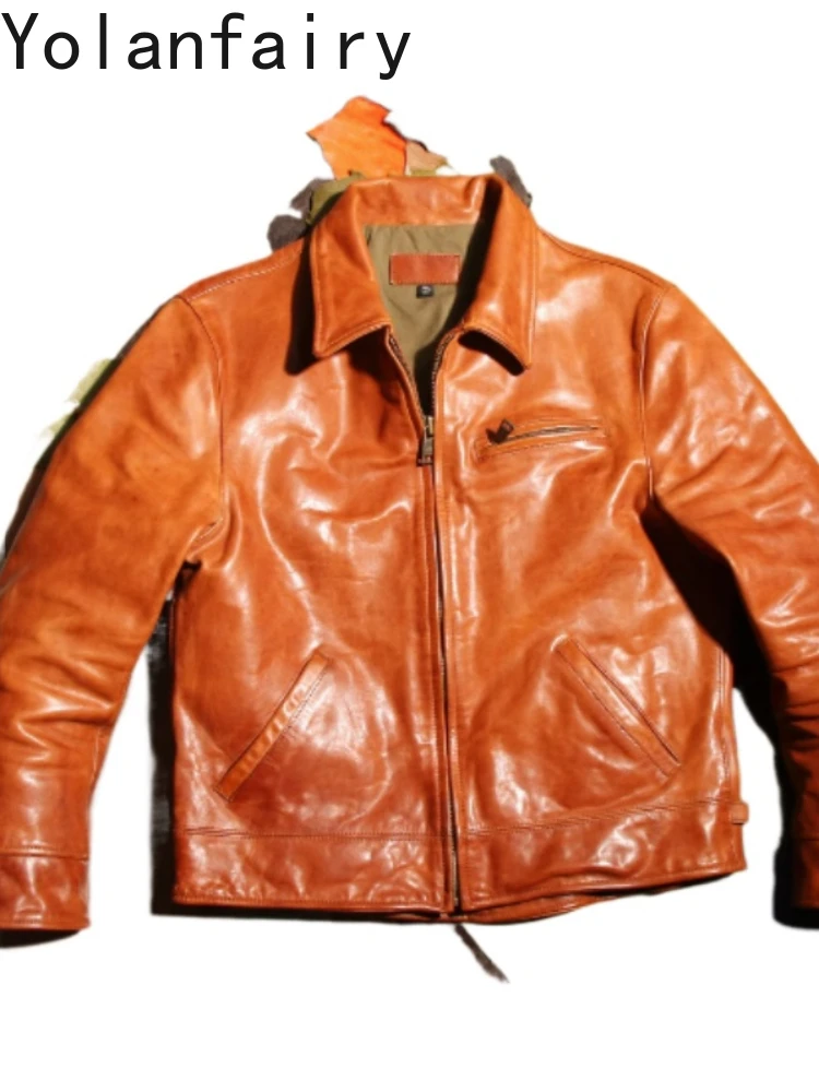 Genuine Leather Jacket Men Real Horseskin Coat Slim Short Lapel Washed Distressed Bikerjackets Vintage Men's Clothing