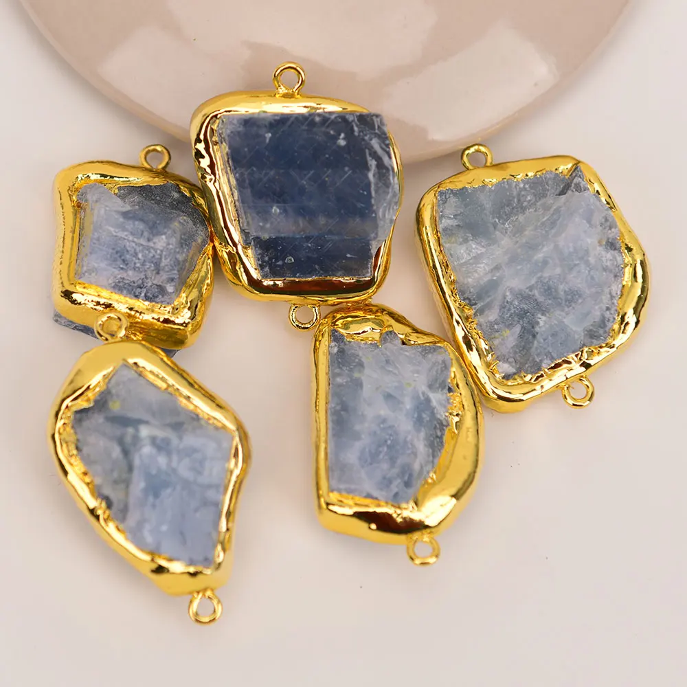 5 Pcs Natural Blue Iolite Stone Cordierite Gold Edged Nugget Freedom Rough Raw Beads Connector Jewelry Making DIY