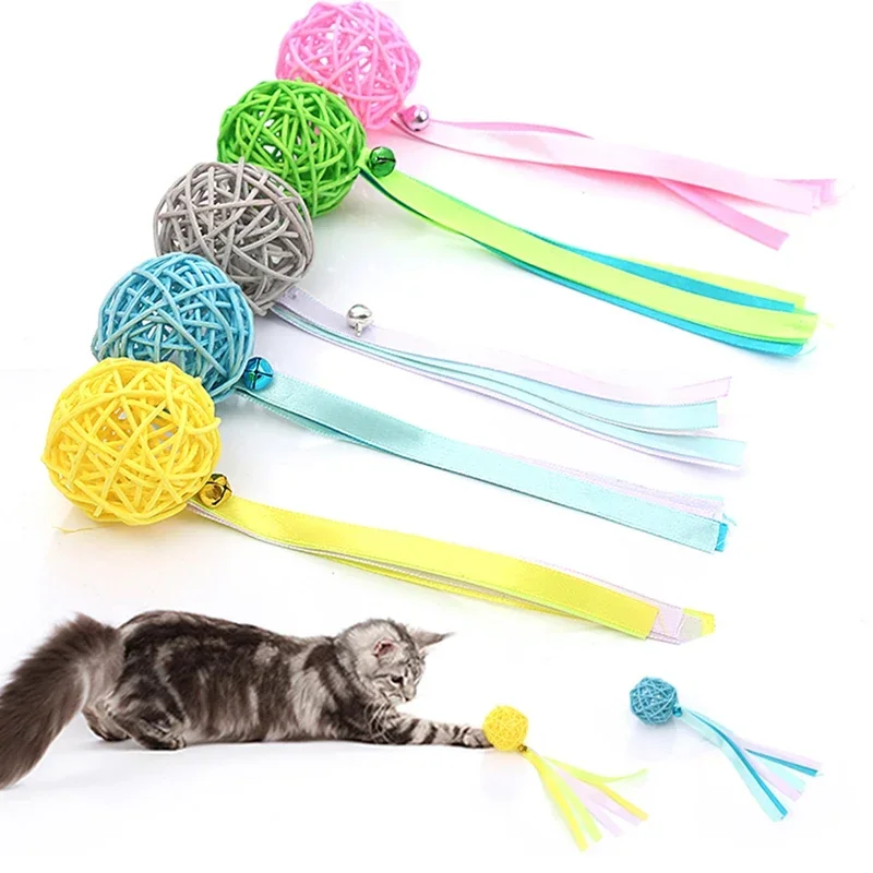 2pcs Cat Toy Multi-colored Rattan Ball Streamer Tail Bell Interactive Cat Toy Play Pet Supplies Training Playing Pet Accessories