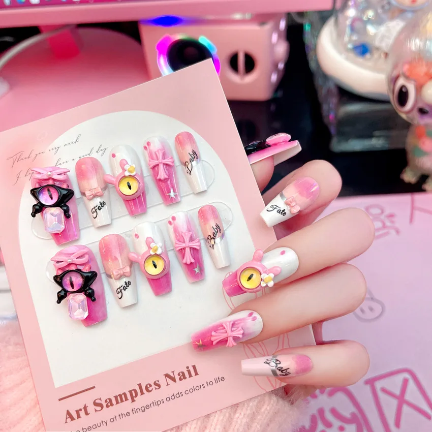 

y2k Pink Press on Nail 3D Demon Bear Design False Nail Patch Full Finished Handmade Wearable Sweet Candy Fake Nails Patches