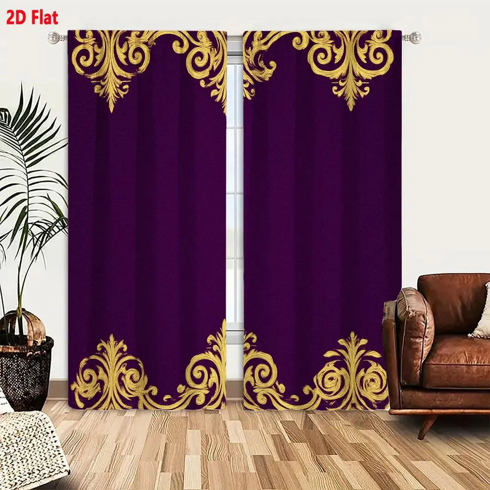 2Pcs Curtains Add 2D Flat Rich Deep Purple Background With Ornate Golden Baroque Decorative Elements For Formal Invitations And