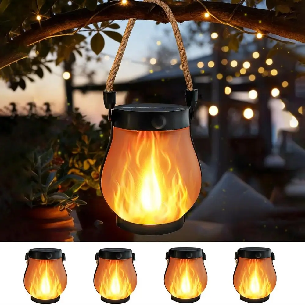 

4-Pack Weatherproof Outdoor LED Lanterns with Dancing Flame, Dual USB Charging, 2 Lighting Modes, Rope Handle for Camping, Garde
