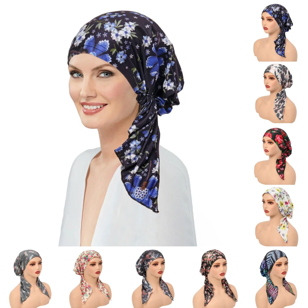 Ramadan Muslim Fashion Print Hijab Turban Hats Long Tail Head Wraps Elastic Hijab Hats Breathable Chemo Cap For Women Girls