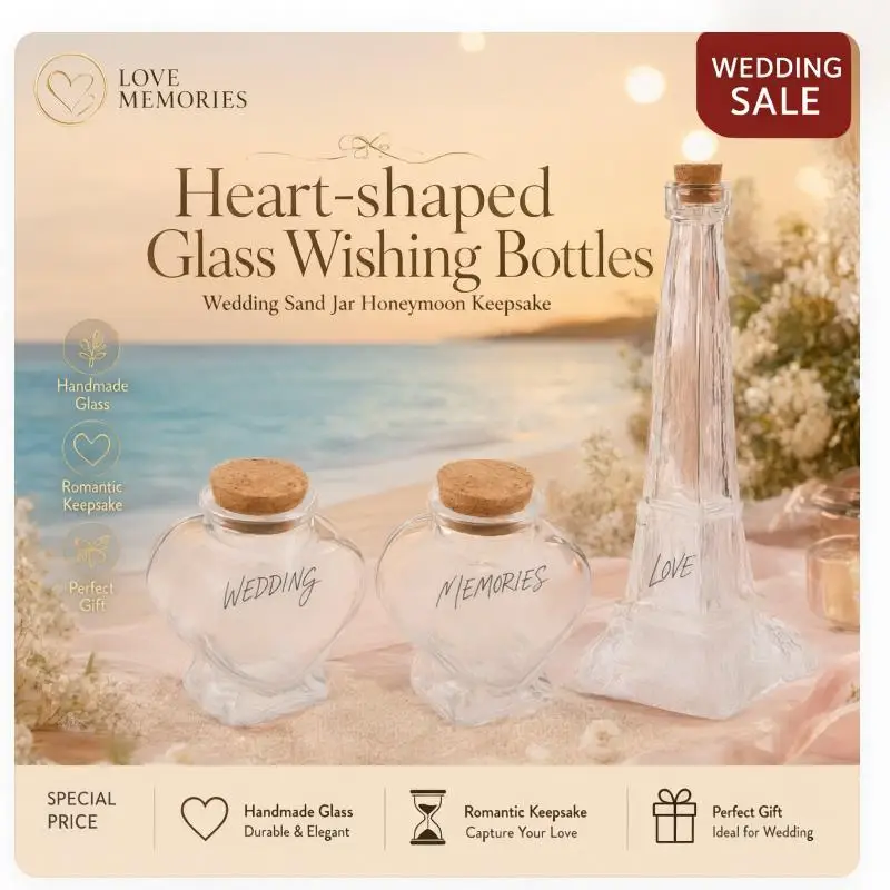 3Pcs Wedding Sand Jar Wishing Bottle Honeymoon Keepsake Glass Vial Heart-shaped Bottles Beach  For Wedding Sand Ceremony No Sand