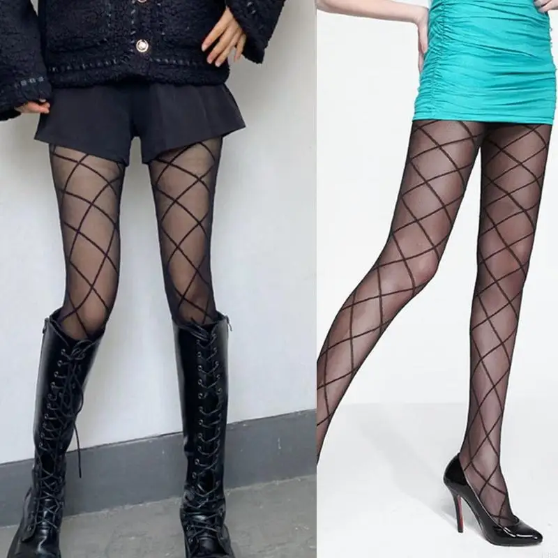 

P8DB Diamond Pattern Pantyhose Checkered Stockings Sheer Plaid Black Stockings Net Patterned Socks Nightclub Costume