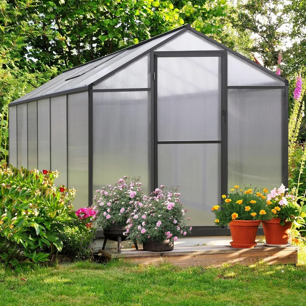 

6 x 12 FT Outdoor Greenhouse, Polycarbonate Greenhouse with Aluminum Frame, Lockable Door and Ajustable Roof Vent Backyard, Grey