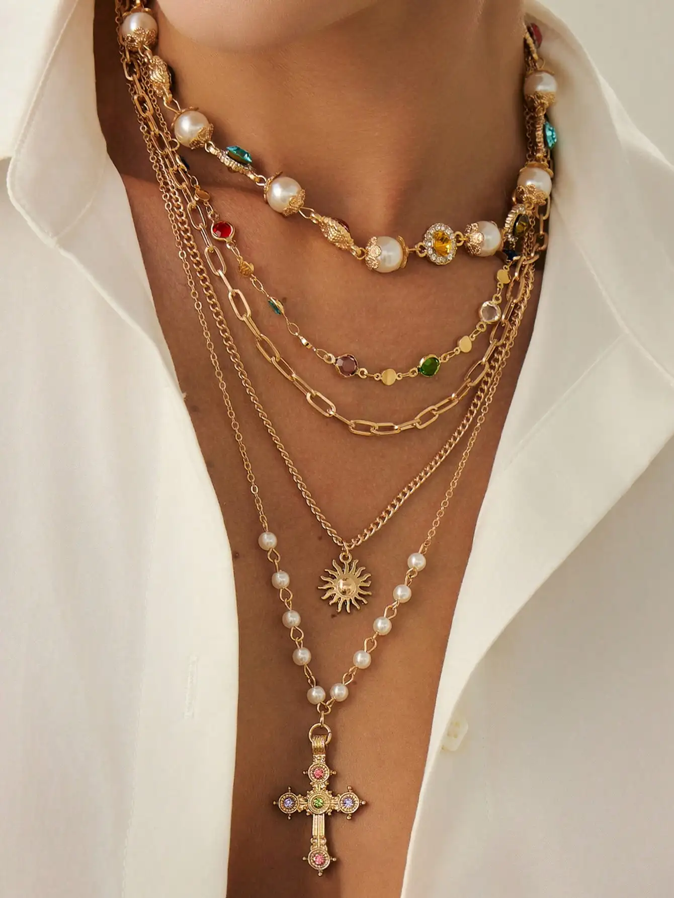 

5pcs Set Vintage Gold Sun & Cross Pendant Layered Necklaces with Pearls & Colorful Crystals for Women