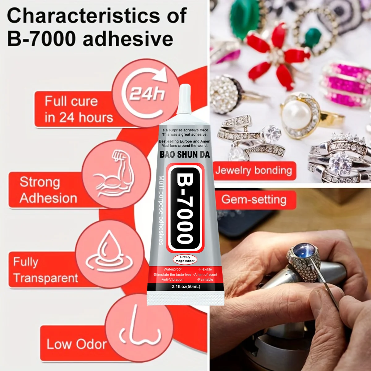 JXVX 50ML B-7000 Bande adhésif transparente Super Glue Réparation d'écran de téléphone portable Bande adhésif universelle Bijoux Artisanat Céramique Vitrage Modèles Plastique Métal Bois Hobbys Adhesive B7000 DIY Adhesi