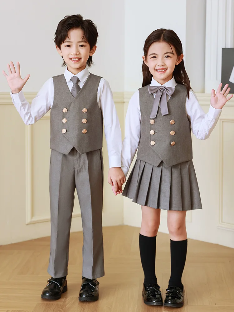 

Kids School Uniform Girls Korean Japanese Vest Pleated Skirt Boys Formal Dress Blazer Suits Children Student Clothes Class Sets