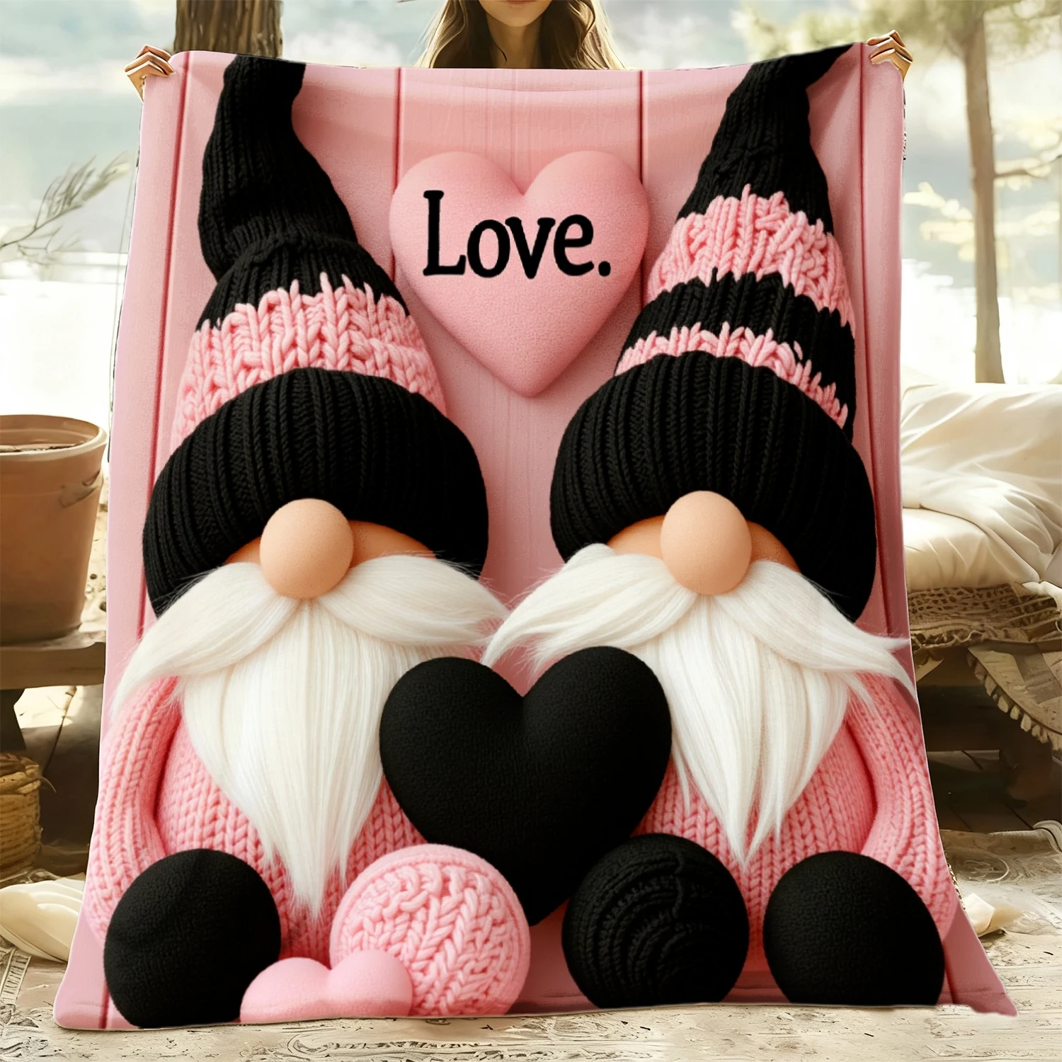 1pc JOOCAR Large 250G Flannel Blanket, Pink Black Cute Goblin Heart Print, Soft Comfortable Plush Bed Cover, Light Warm Blanket,