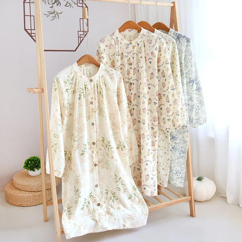 Spring /summer Long Sleeved Round Necked Night Dress Women Loose Cotton Pajamas Open Front Home Clothing Leisure Nightgown