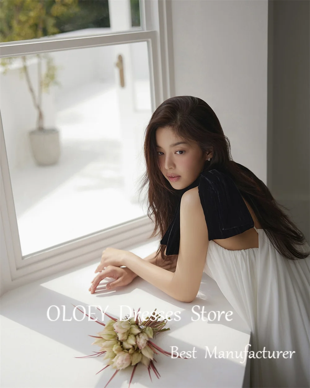 OLOEY Simple Ivory A Line Wedding Dress Korea Photoshoot Bow Straps Pleats Bridal Gown Floor Length Custom Made