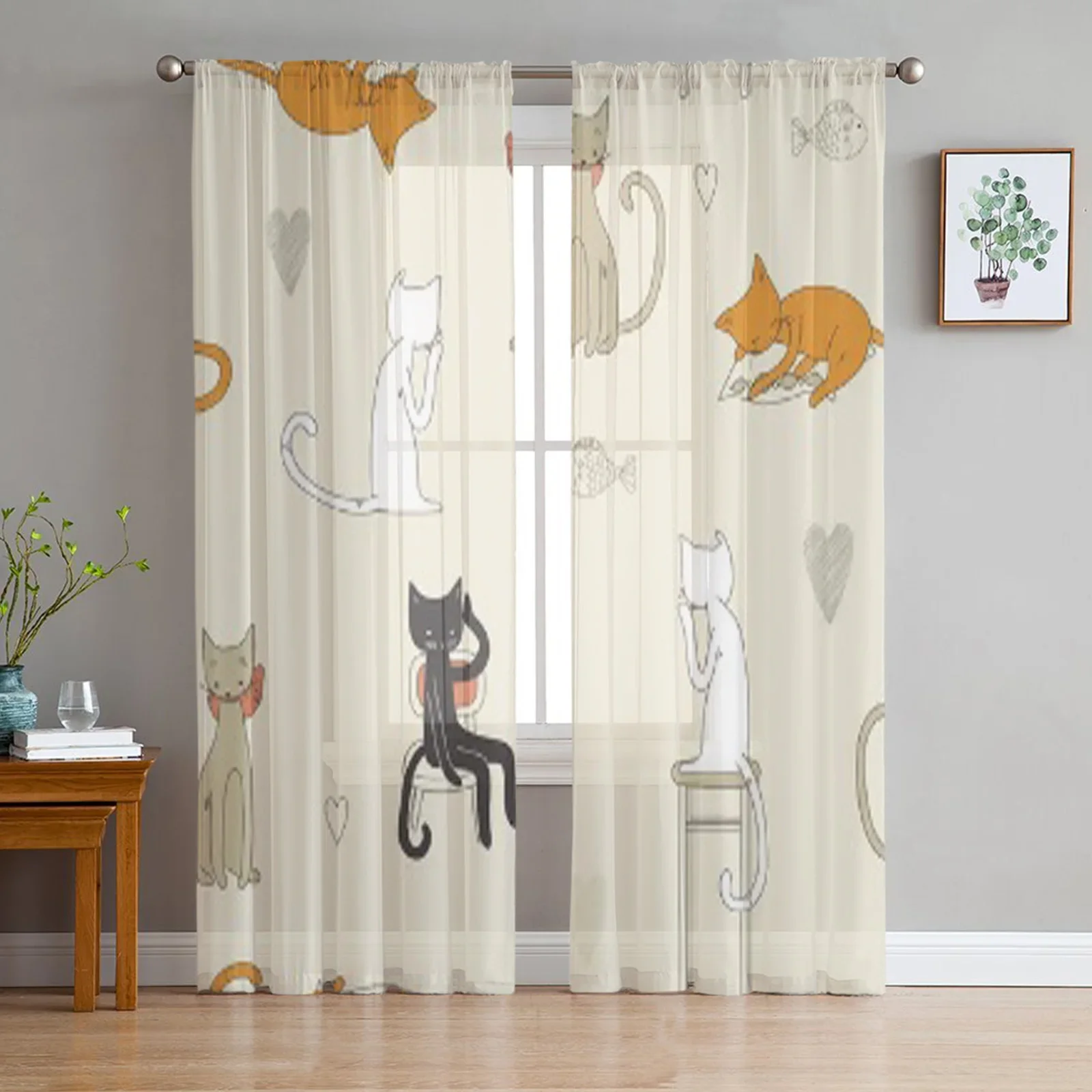 Cat Pattern Cartoon Tulle Sheer Curtains for Living Room Decoration Curtain for the Room Bedroom Kitchen Voile Organza Curtains