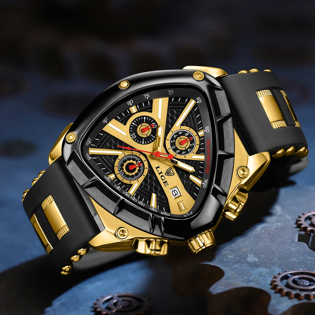 ساعات LIGE الرياضية للرجال، حزام مطاطي أنيق، ساعة يد كوارتز عسكرية غير منتظمة مقاومة للماء، ساعة مثلثة مع نقطة مضيئة