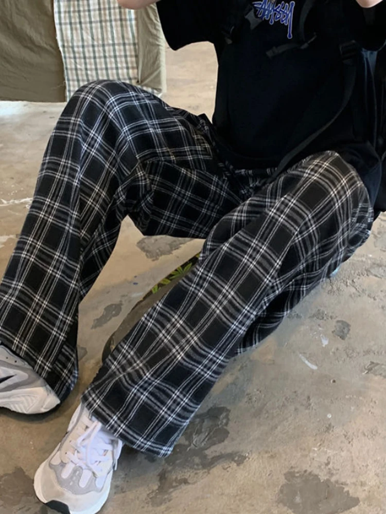 ZOKI – pantalon à carreaux pour femmes, décontracté, noir, surdimensionné, ample, jambes larges, rétro, adolescent, Harajuku, Hip Hop, Streetwear