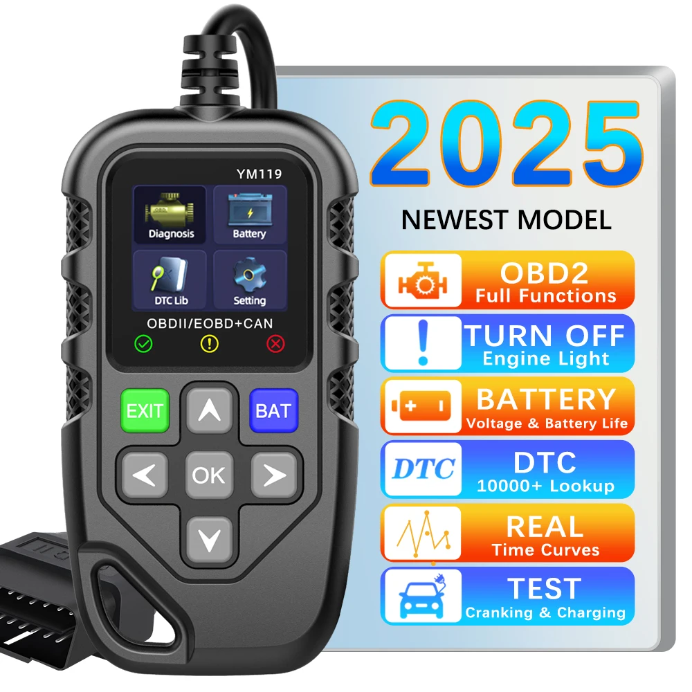 

Автомобильный диагностический инструмент для чтения информации транспортного средства, считыватель кодов OBD2 YM119, многоязычная работа для всех автомобилей, сканер OBDII